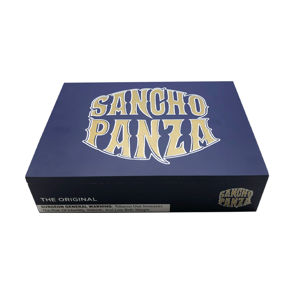 Sancho Panza cigar box with logo and surgeon general warning label on dark blue packaging.