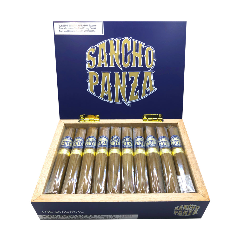 Open box of Sancho Panza cigars with clear packaging, labeled on the lid with a health warning.