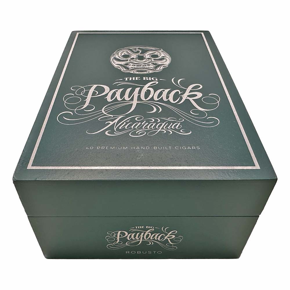 Green box of The Big Payback Nicaraguan cigars, featuring elegant silver script and an artistic mask design on the lid, containing 60 premium hand-built cigars.