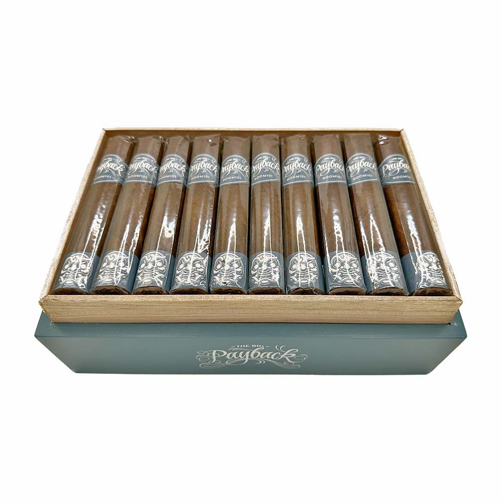 Box of premium cigars with decorative wrappers, labeled The Big Payback.
