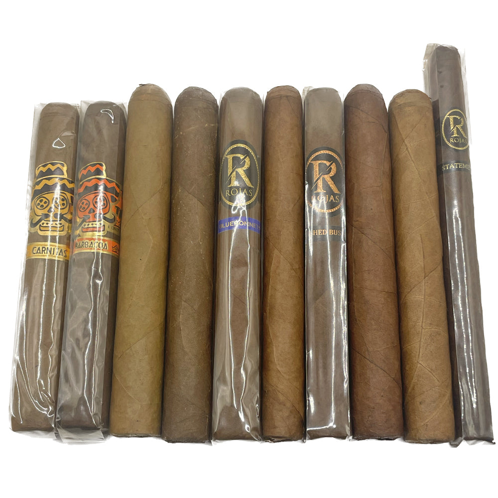 Assorted cigars with colorful labels in clear packaging arranged in a row.