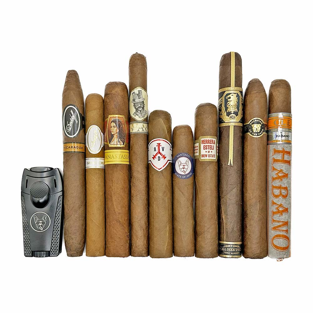 Assorted cigars lined up vertically with a black cigar lighter on the left side against a white background.