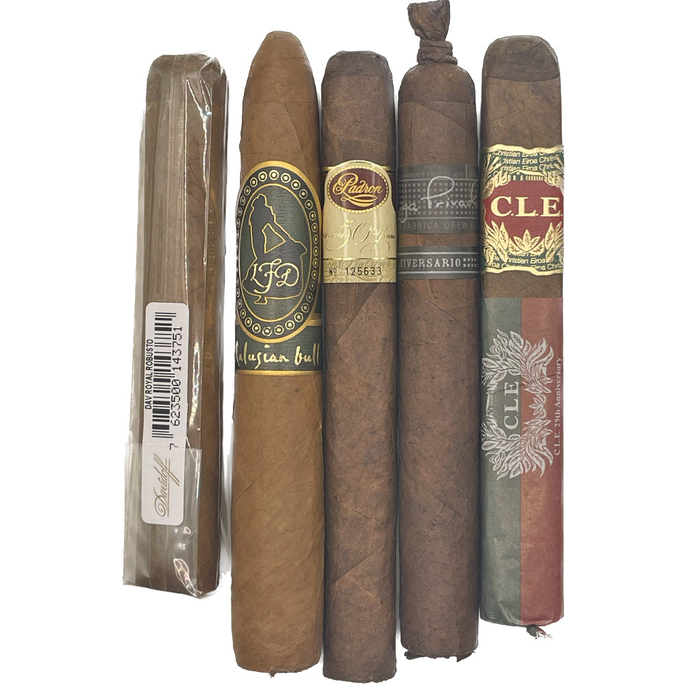 Five assorted premium cigars in various packaging and labels displayed vertically side by side.