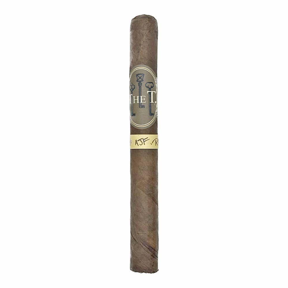 Cigar with brown wrapper and band labeled "The T."