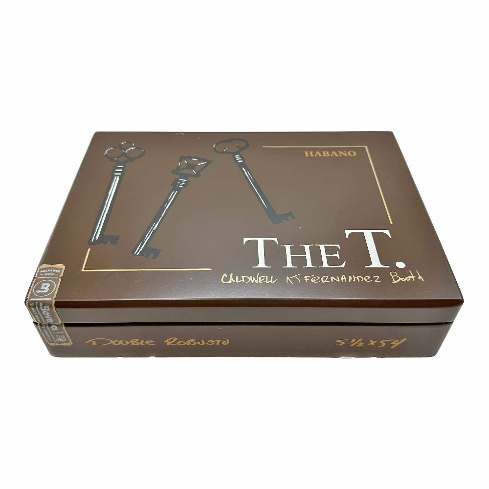 Cigar box labeled "The T." featuring keys design, produced by Caldwell, A.J. Fernandez, and Booth, habano blend, double robusto size.