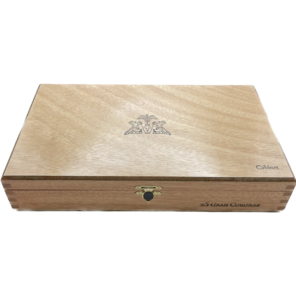 Wooden cigar box with engraved logo and gold latch, labeled "25 Gran Coronas."