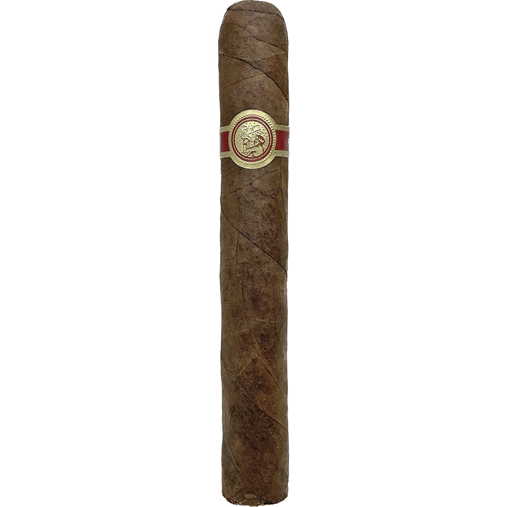 A single brown cigar with a red and gold band featuring a logo, isolated on a white background.