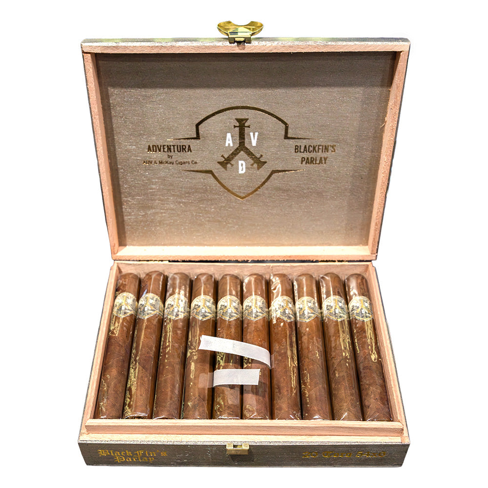 Open 20-count box of ADVentura Blackfin's Parlay, a medium-bodied Dominican cigar