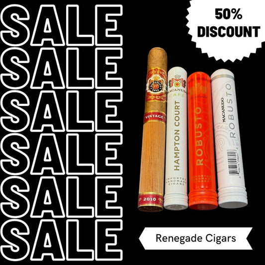 Four cigars with branded tubes next to repeated word "SALE" and a text bubble stating "50% discount" for Renegade Cigars.