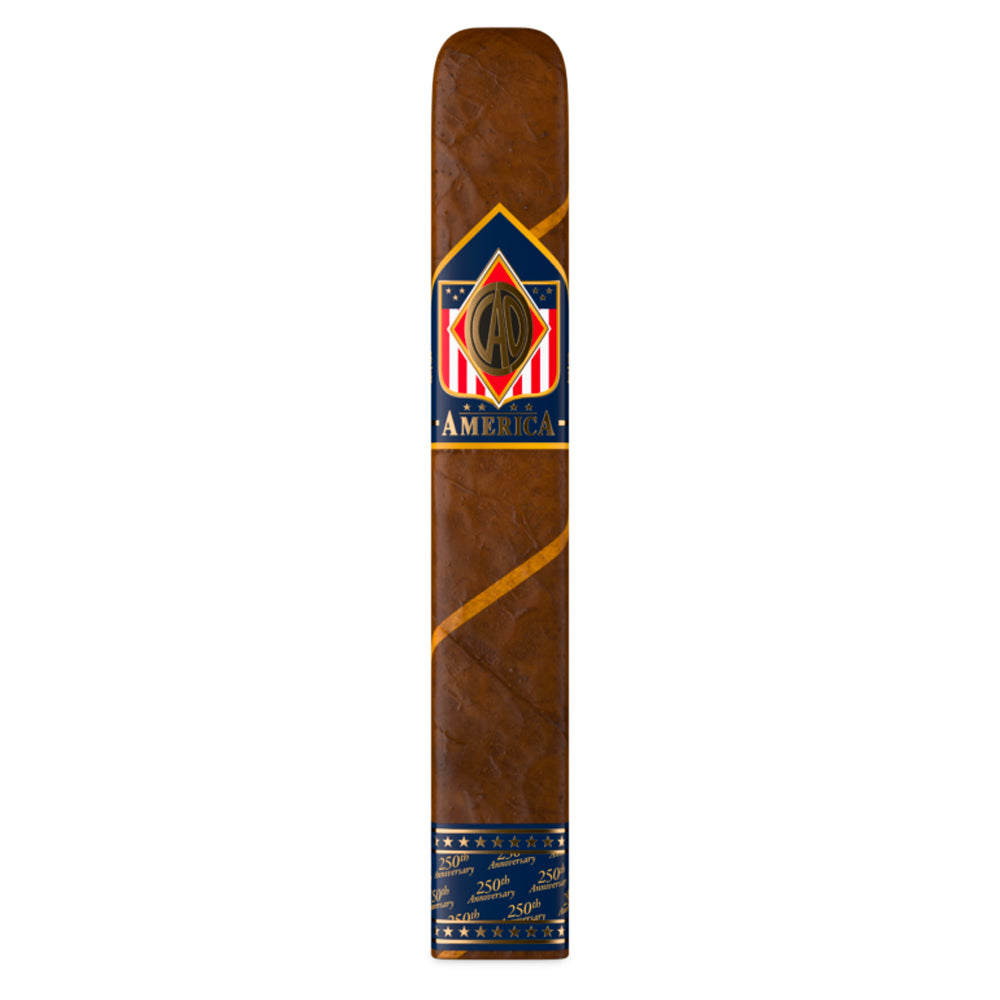CAO America 250th Anniversary single cigar with barber-pole wrapper of U.S. broadleaf and Connecticut shade
