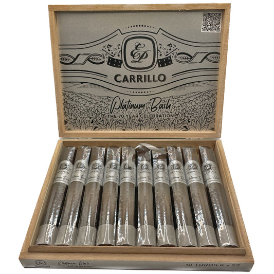 Open box of E.P. Carrillo Platinum Bash cigars featuring ten wrapped cigars for the 70-year celebration.