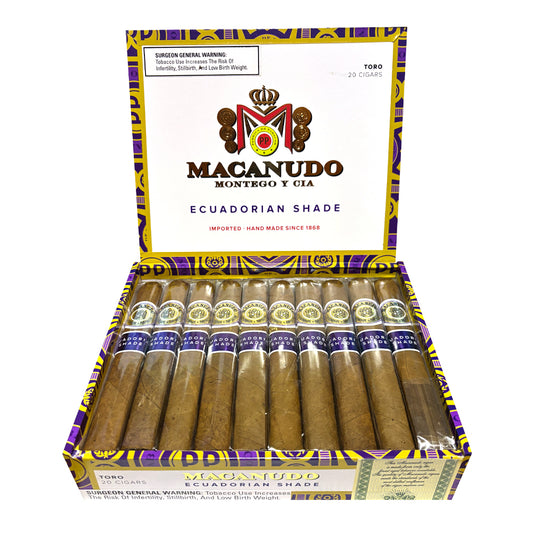 Macanudo Ecuadorian Shade open box showing Toro box-pressed cigars