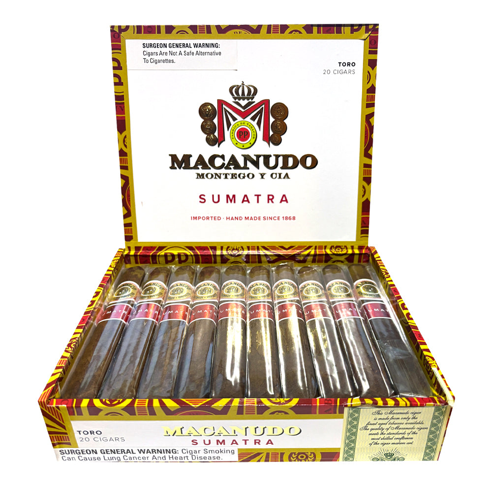 Macanudo Sumatra open box of cigars — Ecuador Sumatra wrapper, box-pressed