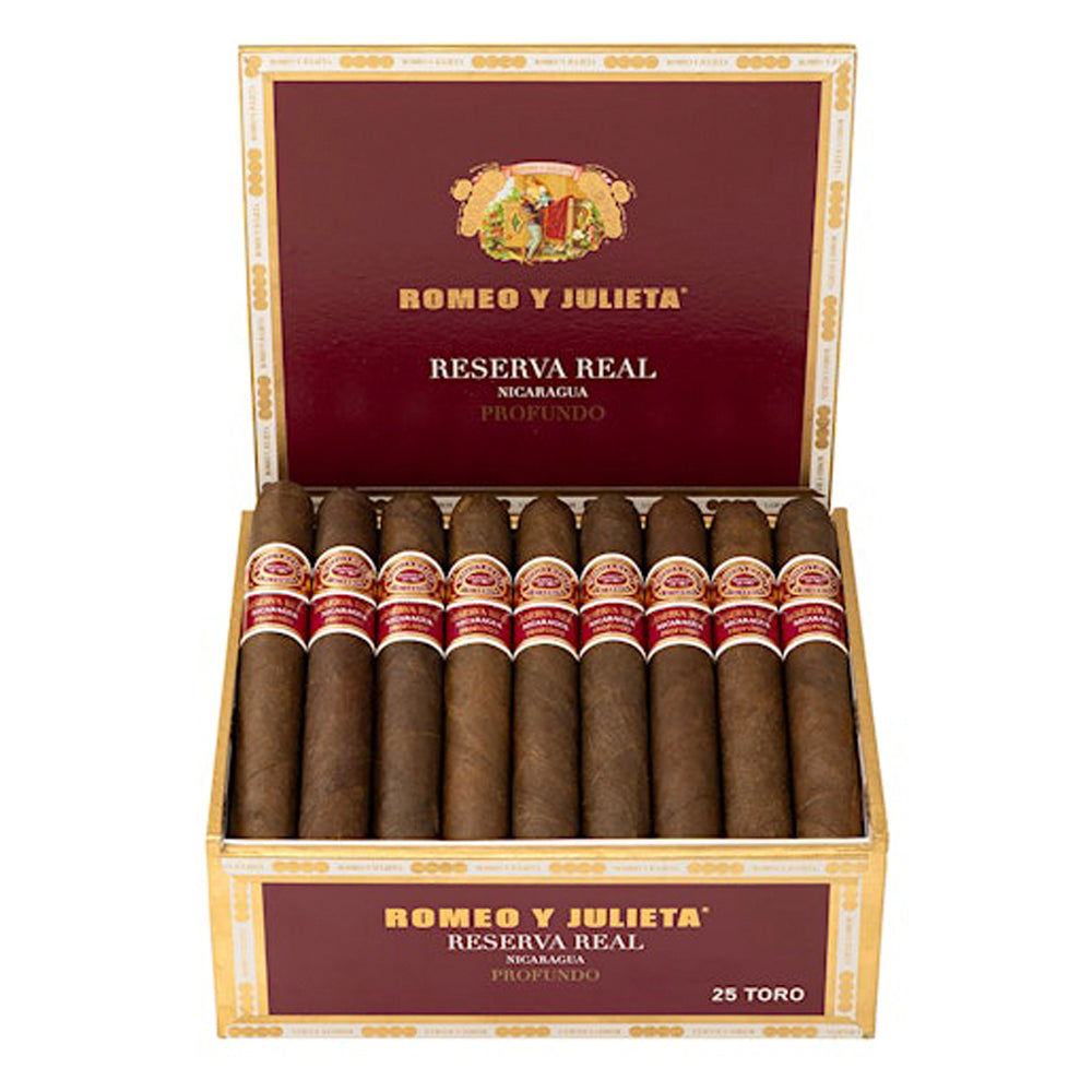 Romeo y Julieta Reserva Real Nicaragua Profundo open box showing cigars with oscuro wrapper