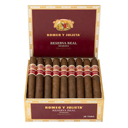 Romeo y Julieta Reserva Real Nicaragua Profundo open box showing cigars with oscuro wrapper