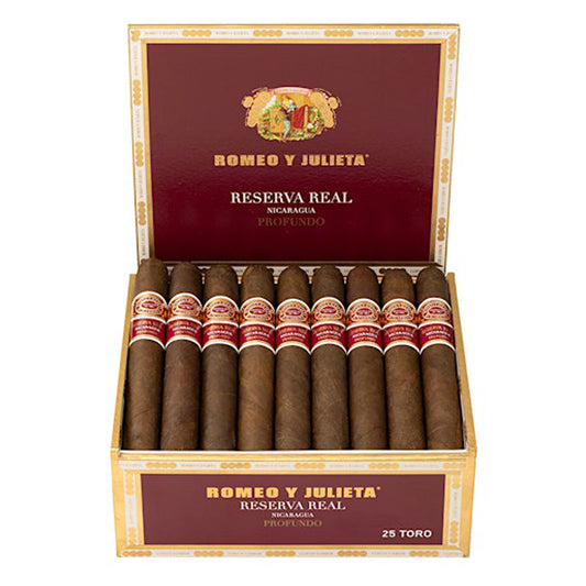 Romeo y Julieta Reserva Real Nicaragua Profundo open box showing cigars with oscuro wrapper