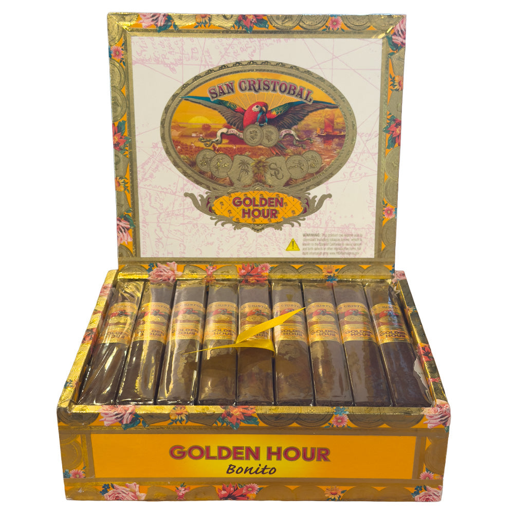 Open 25-count box of San Cristobal Golden Hour cigars showing the Ecuador Habano wrappers and gold bands