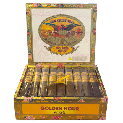 Open 25-count box of San Cristobal Golden Hour cigars showing the Ecuador Habano wrappers and gold bands