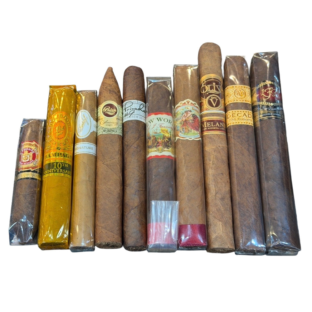 Timeless Selection sampler featuring Padron 1964, Arturo Fuente Hemingway Short Story, Davidoff Signature 2000, Oliva Serie V Melanio, Liga Privada No. 9, Perdomo Champagne, My Father Flor de Las Antillas, Rocky Patel Decade, AJ Fernandez New World, La Flor Dominicana Double Ligero